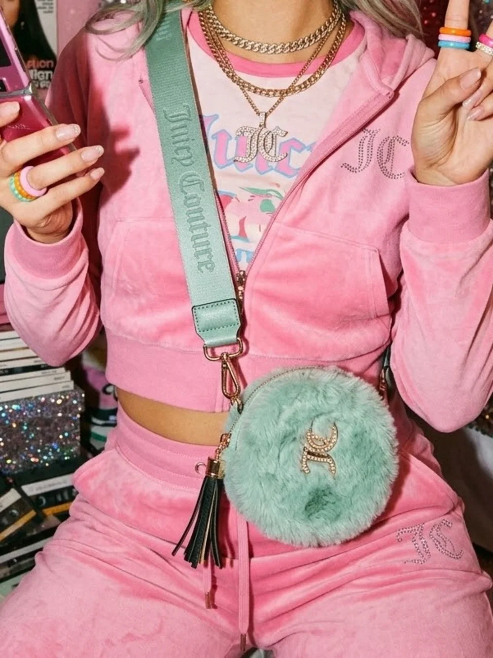 Juicy Couture Fuzzy Mint Green Mini Crossbody Bag Coin Purse Y2K McBling Bratz
